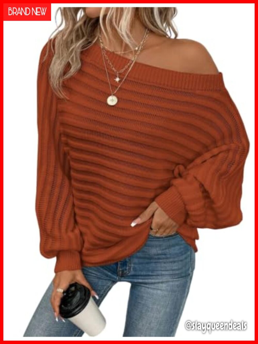 Off Shoulder Batwing Sleeve Oversized Knit Sweater